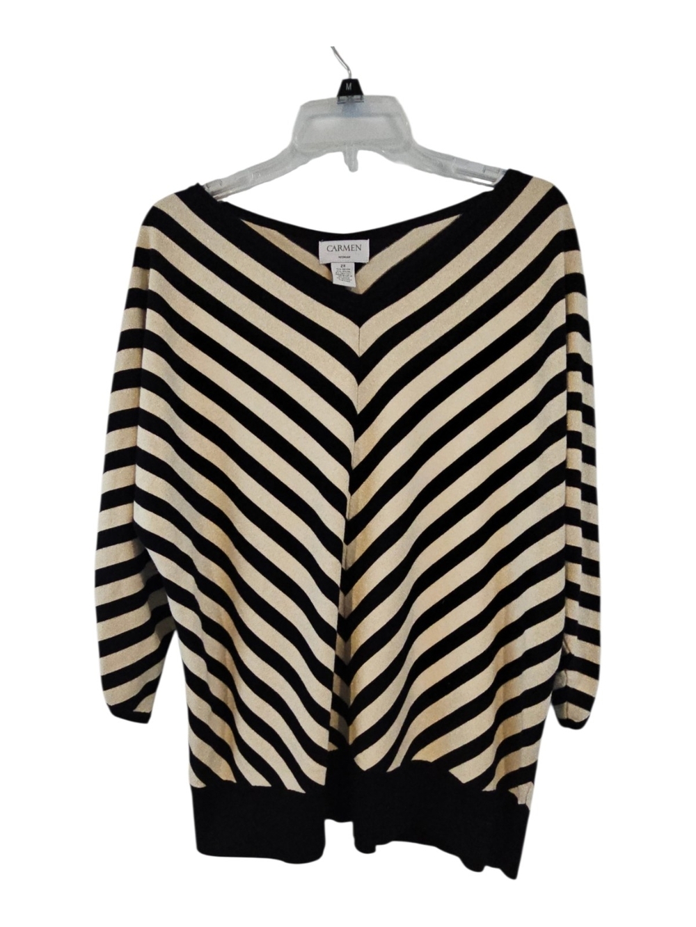 Carmen Marc Valvo Size 2X Striped V-Neck Sweater Knit Top in Black Metallic Gold